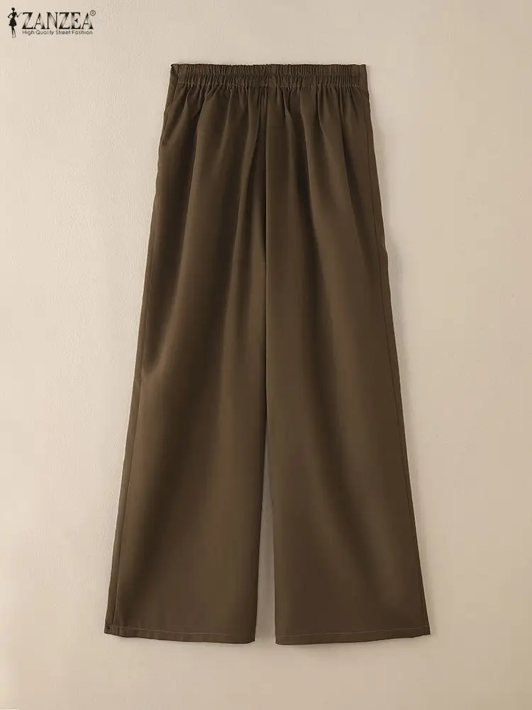 ZANZEA Women Fashion Chic Wide Leg Pants Elastic High Waist Ribbon Detailed Solid Color Loose Trousers Commuting Wear Woman Pant