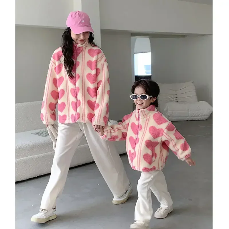 Mother and Dughter Pink Thick Coat Winter Warm Woman Fleece Jacket Mom and Son Matching Sweatshirts with Zipper Baby Outerwear