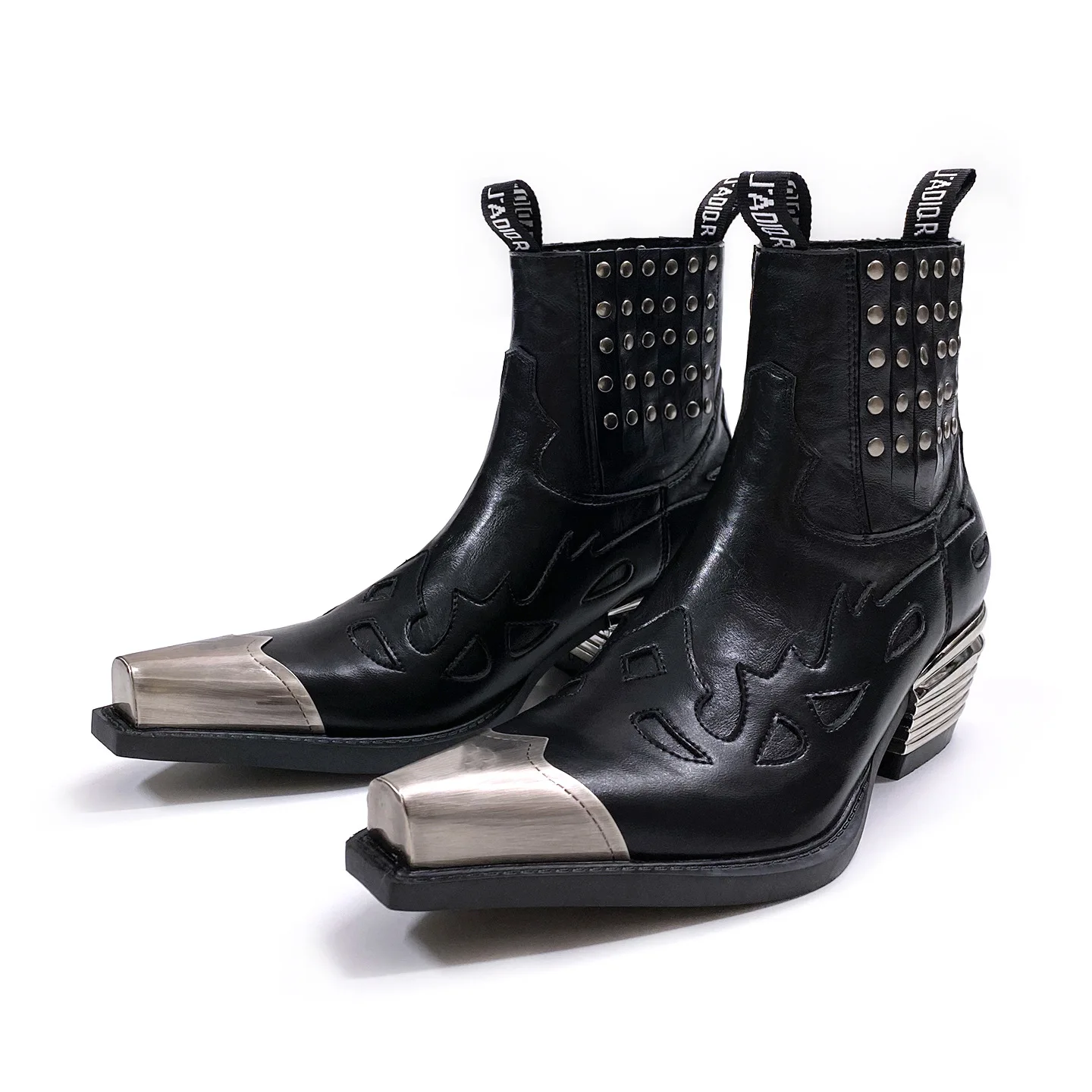 

Retro Punk Metal Head Chelsea Men's Pointed Head Riveted Short Western Cowboy Style Thick Bottom Height Boots Women