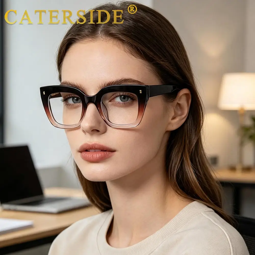 CATERSIDE Modische Damen-Katzenaugen-Brille mit Flachglas, Tr-90, Quadratischer Dicker Rahmen, Blaulichtfilter-Brille für Büro und Freizeit – Detail 1