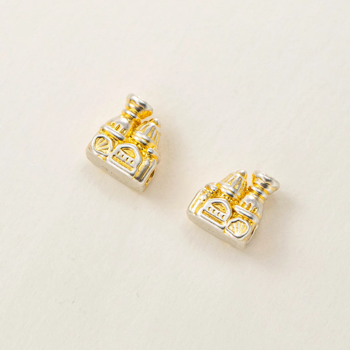 1pc 999 Pure Silver 3D Castle Big Hole Beads 11.5x10.5x7mm Gold Painting Bead Spacer Charms diy Fancy Bangles Bracelets Jewelry