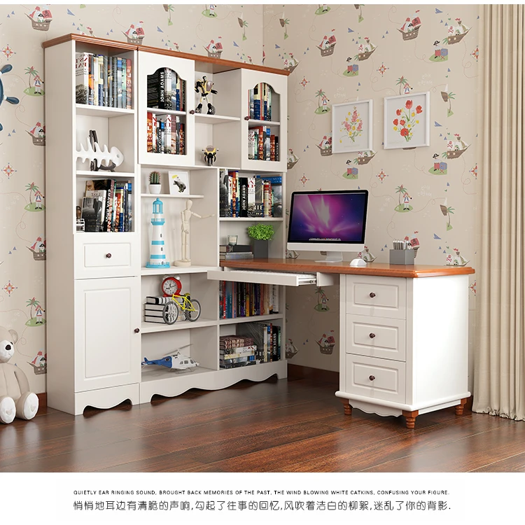 Mediterranean children study desk home student desktop computer desk extended bookshelf cabinet combination