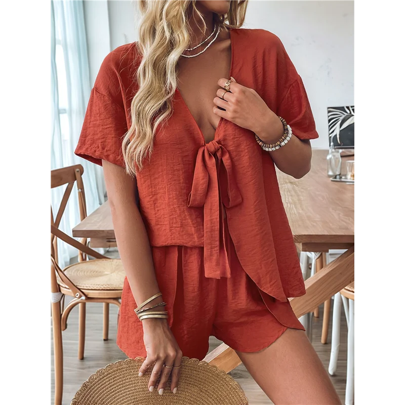 

ABP-Женский комплект из двух предметов с шортами, рубашка с V-образным вырезом и короткими рукавами, рубашка с разрезом и шорты, комплект для отдыха, комплект из двух предметов