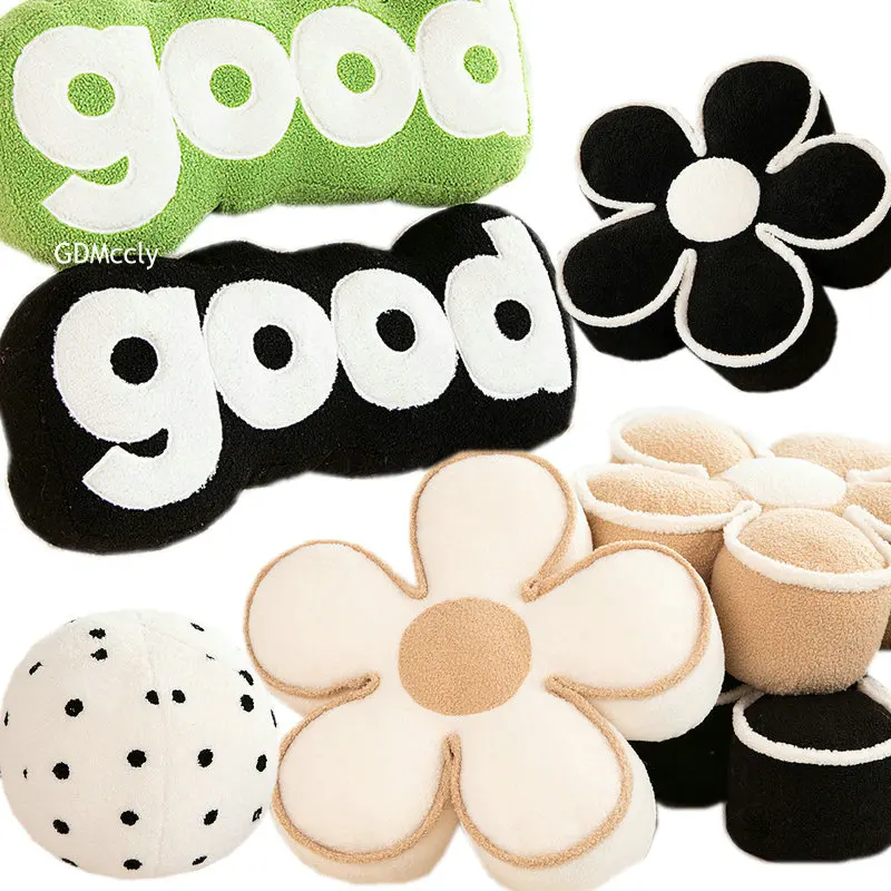 

Nordic Elegant Black& WhiteCamellia Flower Cushion Good Words Pillow Stuffed Classic Dot Ball Blossom Chair Sofa Seat Home Decor