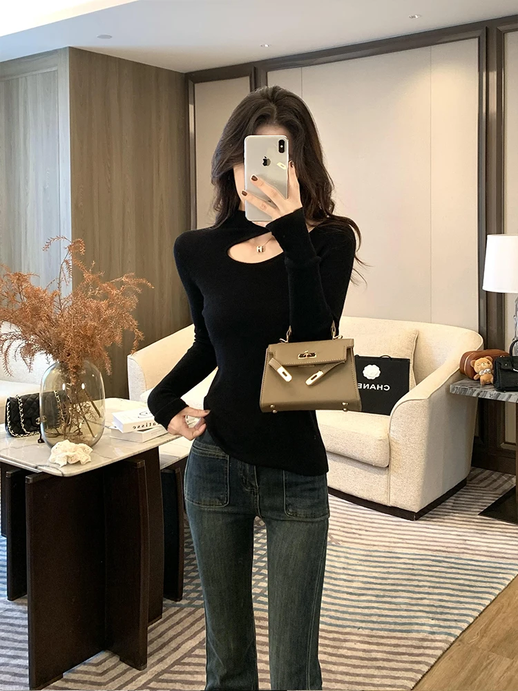 

LinYanER Fine Spun Camere 4-игольный вязаный свитер с высоким воротником, женский осенне-зимний облегающий топ с носком из нелона