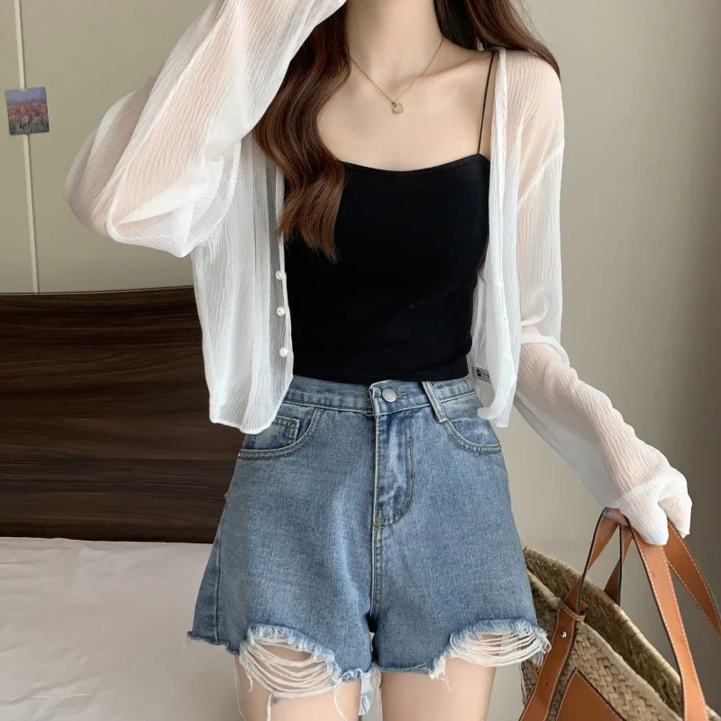 Sun-proof Shirts Women Sweet Vacation Thin Summer Crop Tops Loose Hot Sale Ins Pure Beach Style All-match Basic New Arrival Soft