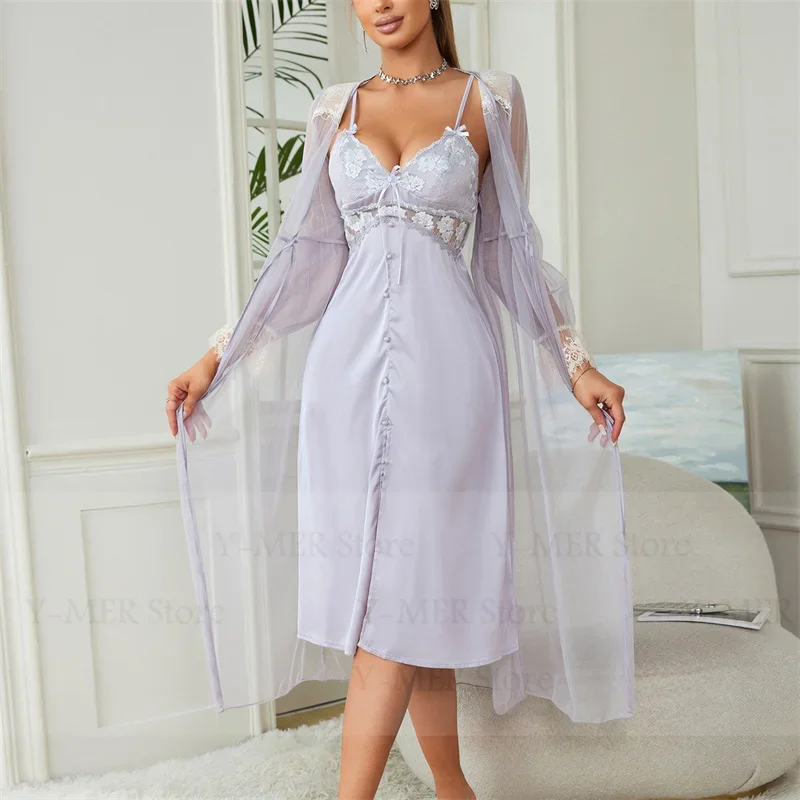 Women Elegant Mesh Kimono Bathrobe Gown Long Roeb Set Purple Nightdress Set Sexy Embroider Flower Lace Up Lingerie Sleepwear