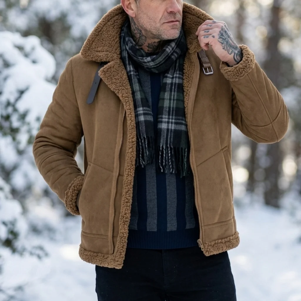 Men's Faux Suede & Fur Collar Winter Jacket | Windproof Belted Zip Streetwear Coat | Thick Warm Hiking Outdoor Wear Soft Male