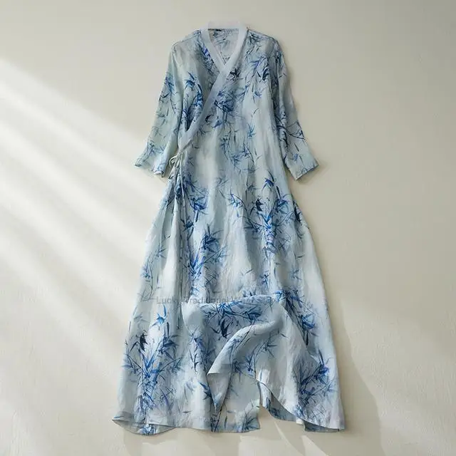 Chinese Flroal Cotton Linen Improved Printing Qipao Dress Summer Loose Comfortable Waist Style Mid Length Blue Flower Dress