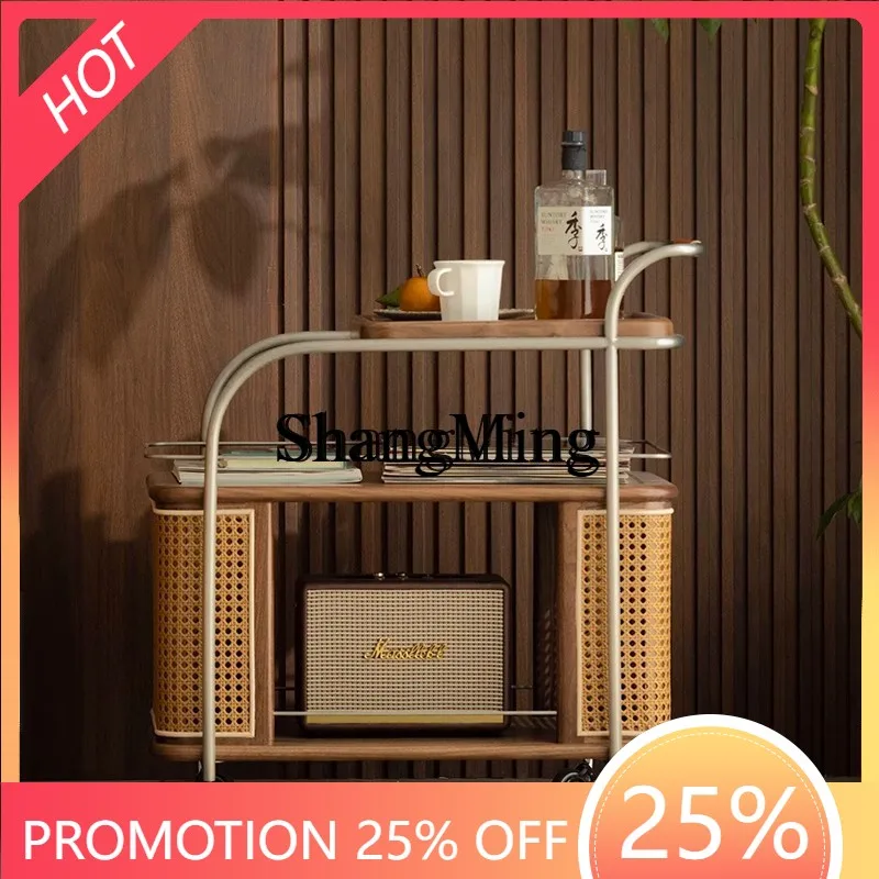 

FG medieval solid wood trolley, living room sofa rattan storage cabinet, bedroom removable storage side cabinet