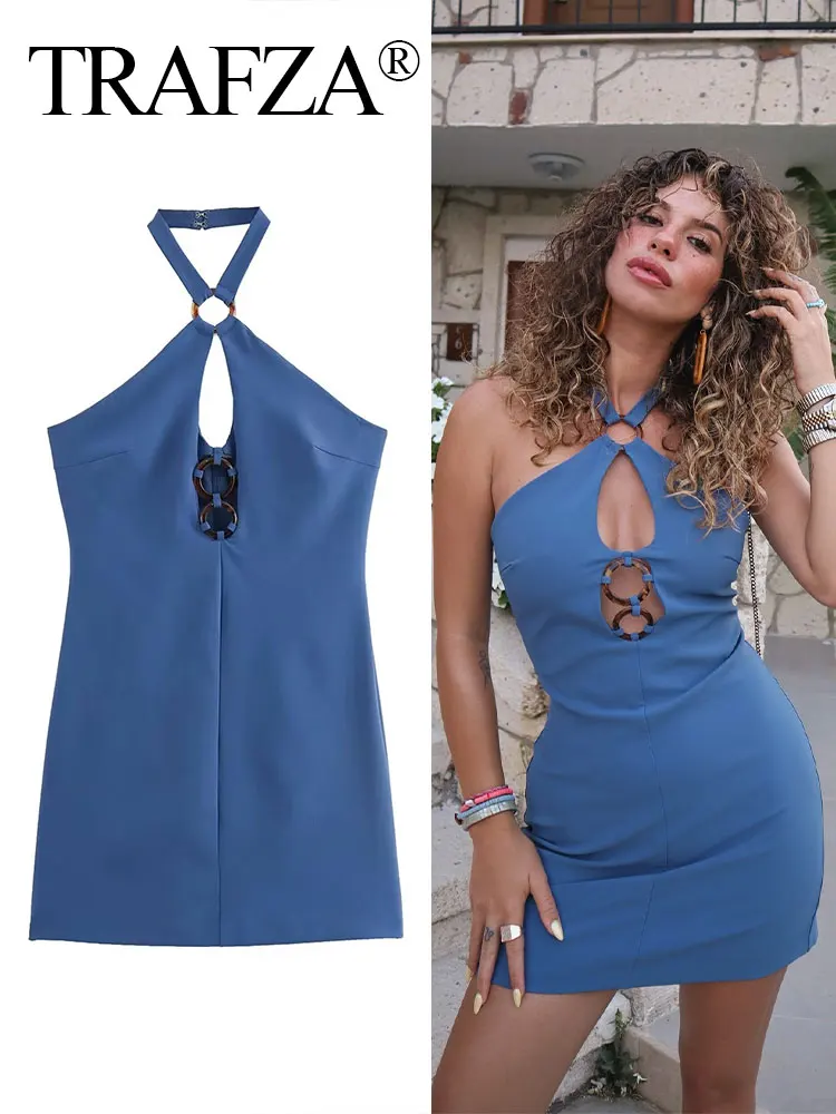 

TRAFZA 2024 Woman Blue Dress Hollow Out Backless Slim Female Mini Dresse Chic Sexy Party Women's Halter Neck Evening Dress