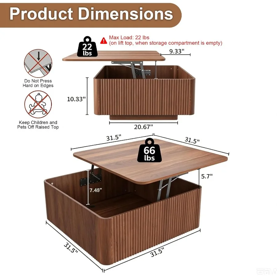 Living room walnut lift top coffee table with storage and LED lights, 31.5 wide, warm brown finish, space-saving dual-function