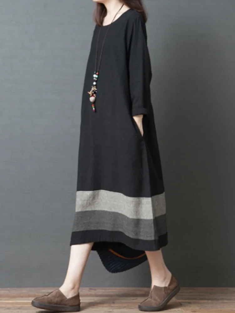 Women Casual Dress New Arrival 2023 Autumn Vintage Style O-neck Loose Comfortable Female Cotton Linen Long Dress B2881