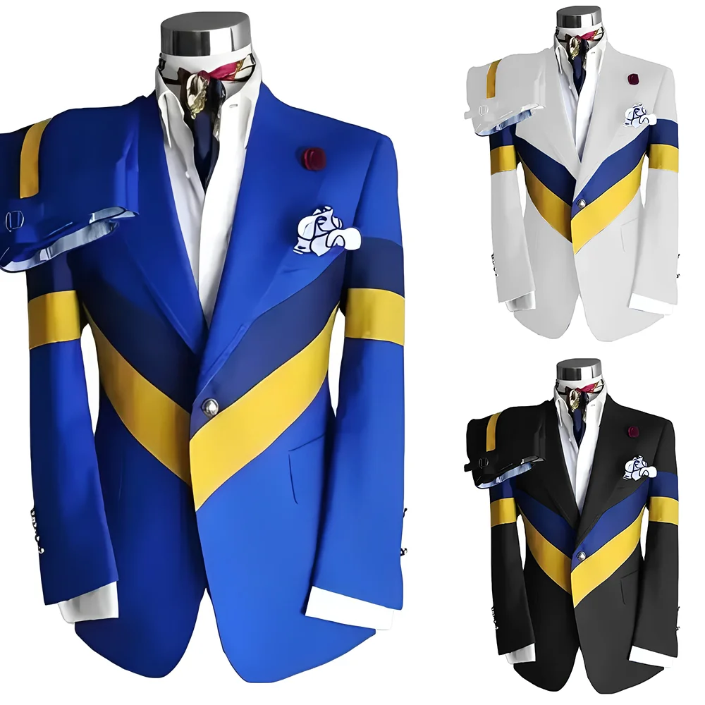 Fashionable Men's Suit 2 Piece Set Color Block Design Wedding Groom Tuxedo Formal Slim Fit Outfit for Male