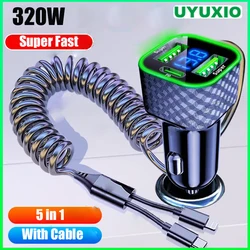UYUXIO Multi Port USB C Car Charger Adapter with Voltage Display Cable Super Fast Charging for Samsung iPhone 16 15 14 Pro Max