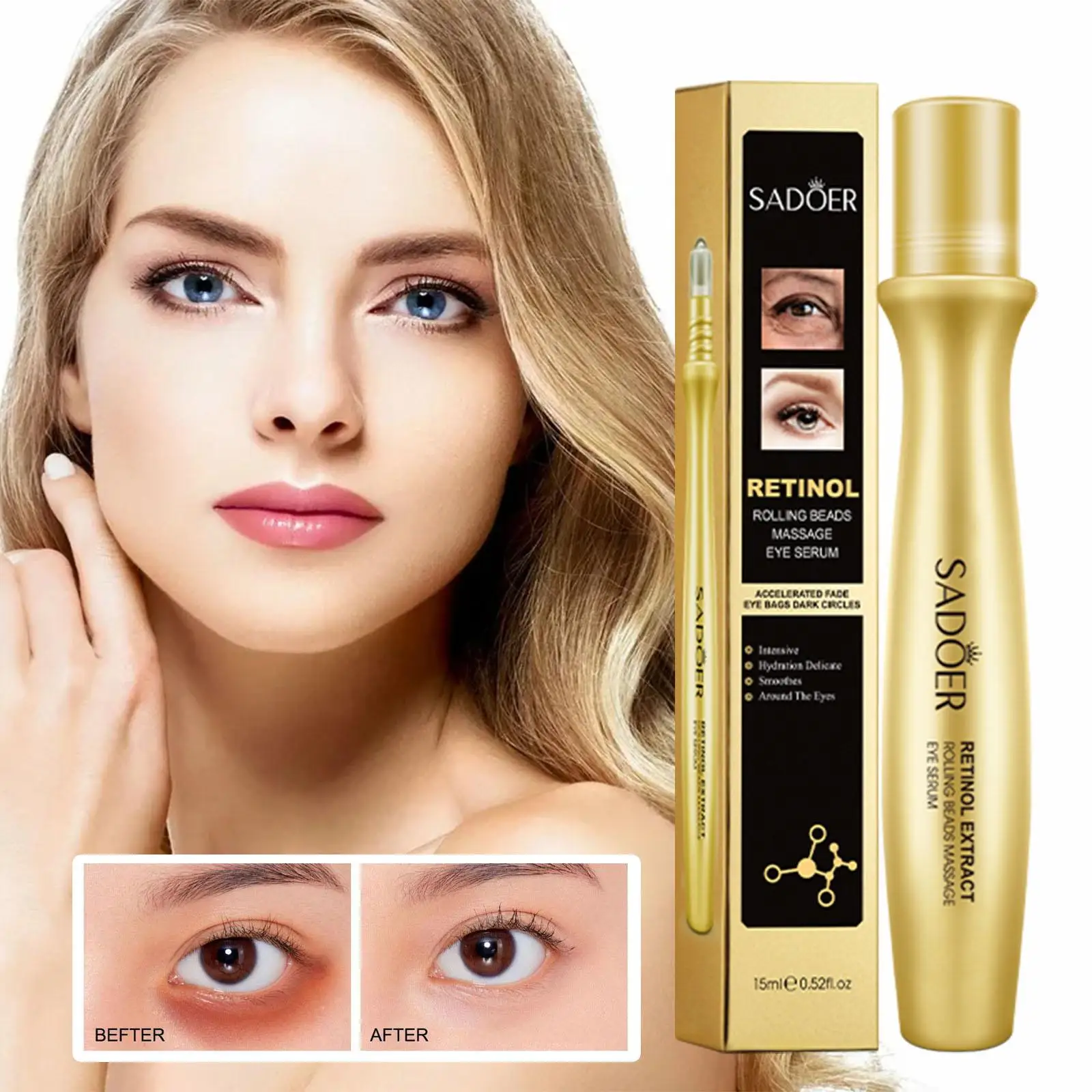 24K Gold Bright Eye Roller Eye Cream Hydrating Moisturizing Eye Serum Eye Care Dark Circles Removal Anti Eye Bags 15ml