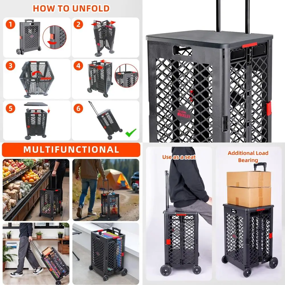 Carro utilitario con ruedas duradero, carrito de compras plegable, carrito resistente con ruedas para transportar comestibles y lavandería