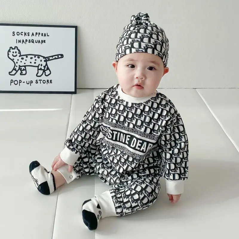 Spring and Autumn New Newborn Baby Onesie Boys Romper with Hat Letter Printed Baby Girls Climbing Clothing Kids Outfits