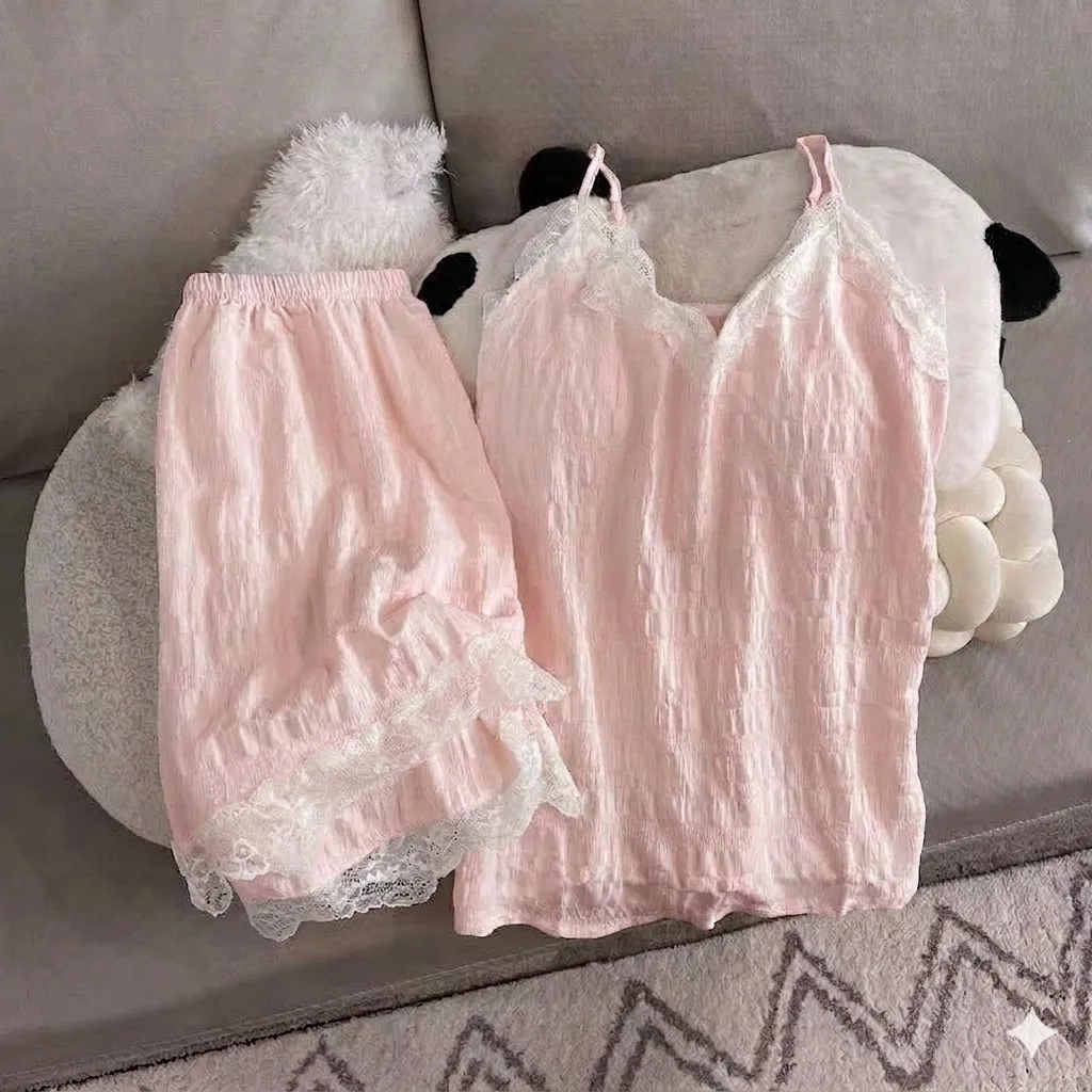

Thin Cloud Cotton Pink Hollow Lace Edge Suspender Shorts with Chest Cushion Summer Two-piece Home Outfit Пижама Женская Хлопок
