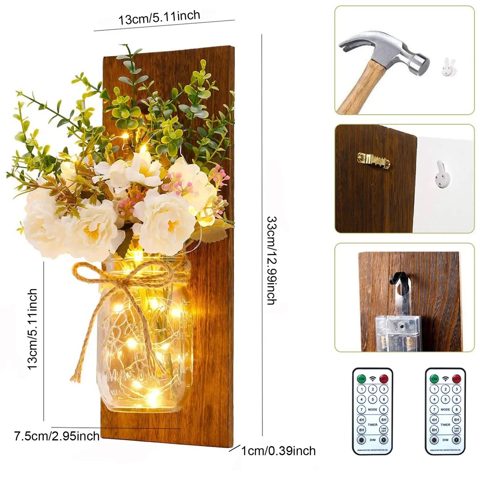 Wall Lamp Mason Jar Light Wood Board LED String Light 8 Modes Timer 4 6 8 Hours For Living Room Bedroom Set Of 2