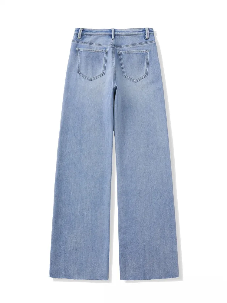 Women Jeans Spring Summer Light Blue Breathable Embroidery Hollow Out Denim Pants Streetwear Casual Female Wide Leg Trousers