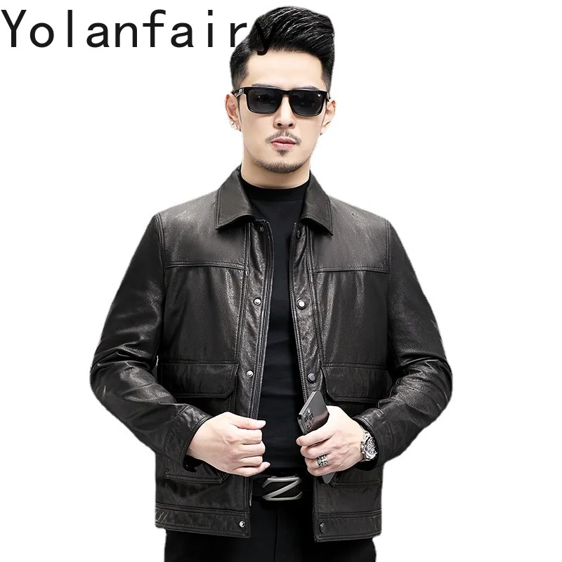 YOLANFAIRY Genuine Leather Cowhide Jackets for Men Winter Coats Short Slim Motorcycle Jacket Removable Down Inner Deri Ceket