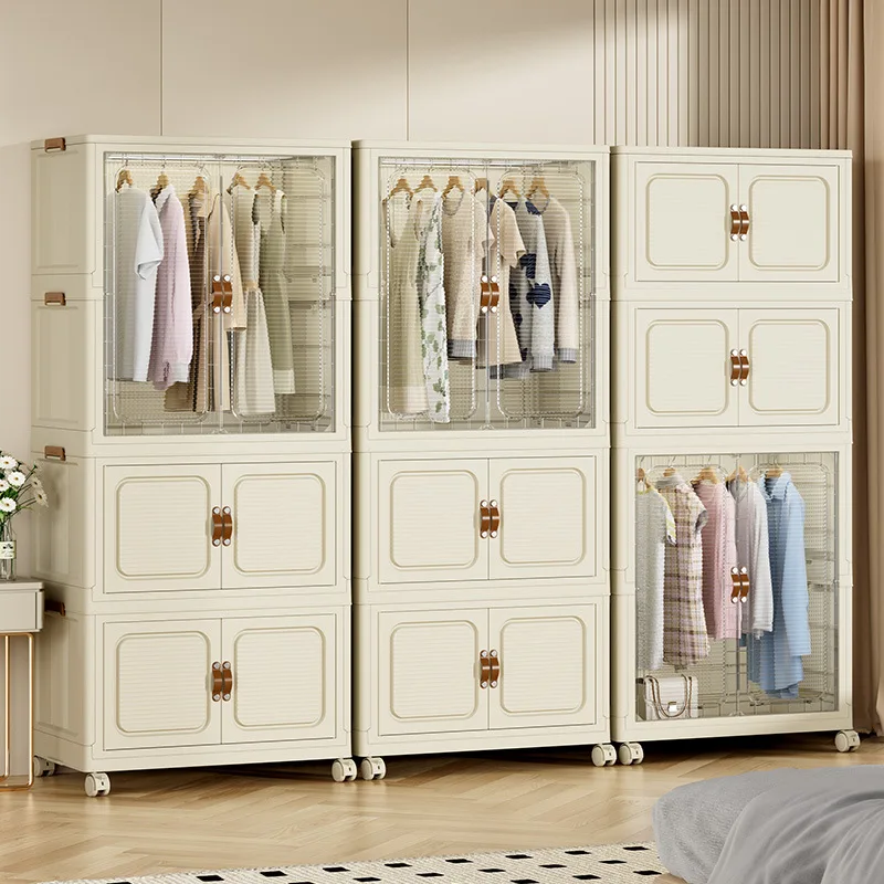 

Storage Topper Shelf Folding Plastic Cabinet Wardrobe for Bedroom Living Room Open Bins Dresser Movable Storage Locker Closet