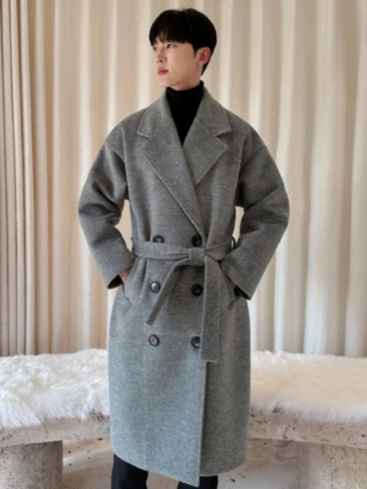 

Корейское мужское шерстяное пальто в британском стиле: осенне-зимнее, свободного кроя, до колен, ветрозащитное, модное, теплое, для молодежи