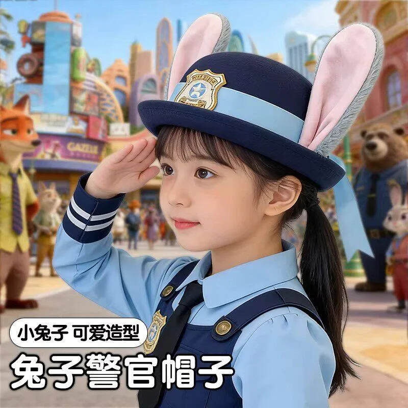 

New Zootopia Judy Hopps Rabbit Police Hat, Bunny Ears Cosplay Cap for Kids and Adults, Cartoon Role Play Hat for Halloween Party