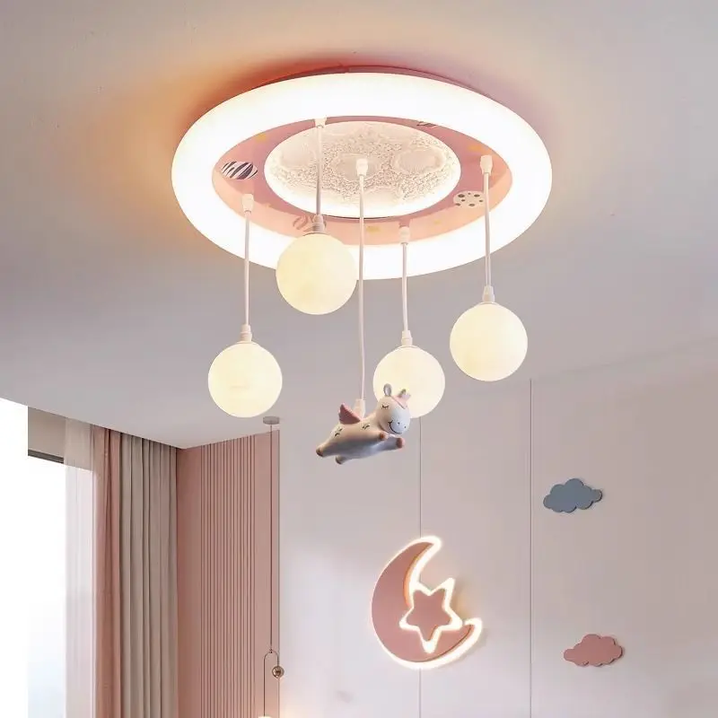 Pink Unicorn Light Creative Children's Room Chandelier Lamp 3D Moon Sconces Astronaut Bedroom Ceiling Hanging Lamps Pink Blue