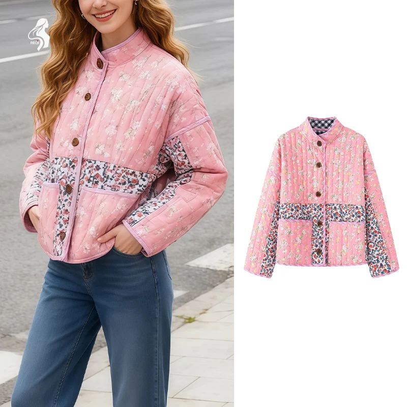

Женская розовая стеганая куртка с цветочным принтом — лоскутный дизайн, воротник-стойка, пуговицы спереди, винтажная повседневная верхняя одежда в стиле бохо