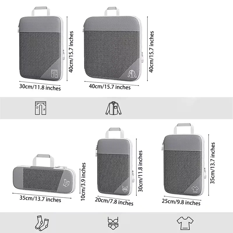 5PCSCompressed Packing Cubes Travel Storage Organizer Set With Shoe Bag Mesh Visual Luggage Portable Lightweight Suitcase Bag