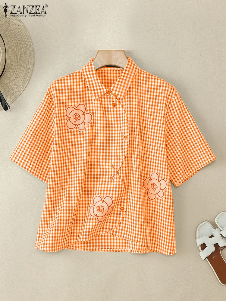 

2025 Summer Checked Print Shirts ZANZEA Women Short Sleeve Work OL Blouses Casual Lapel Neck Tunic Tops Fashion Holiday Blusas