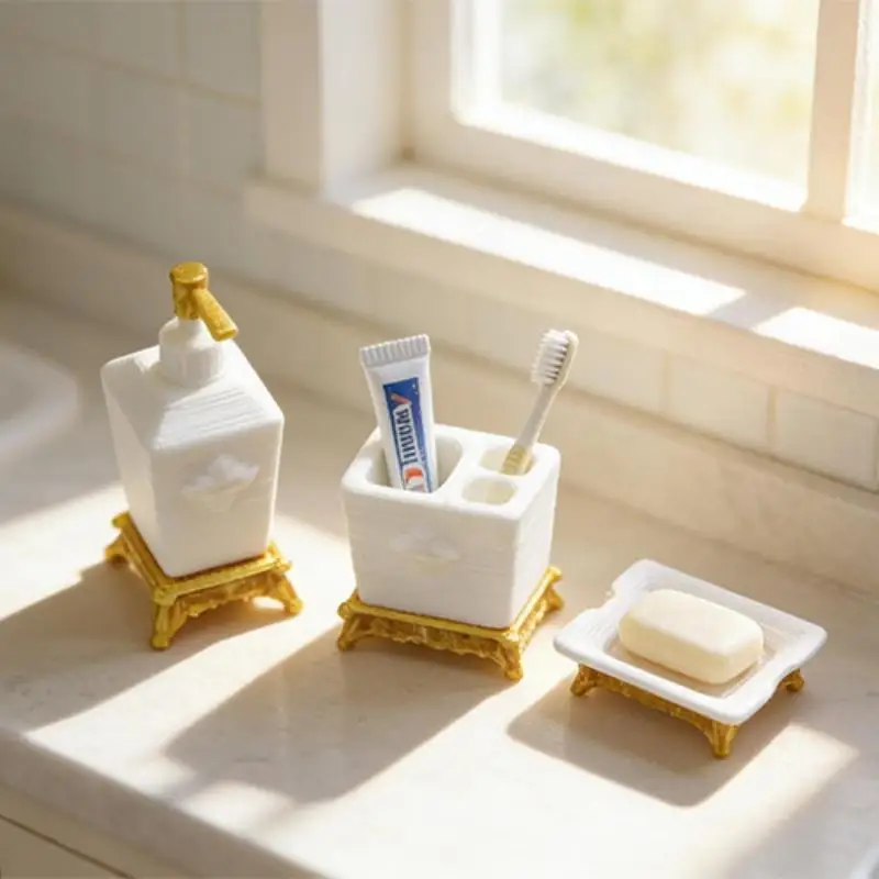 1/3Pcs Nordic Style Lotion Bottle & Soap Dish Mini Toothbrush Holder Model 1:12 Scale Dollhouse Miniature Bathroom Accessory Set