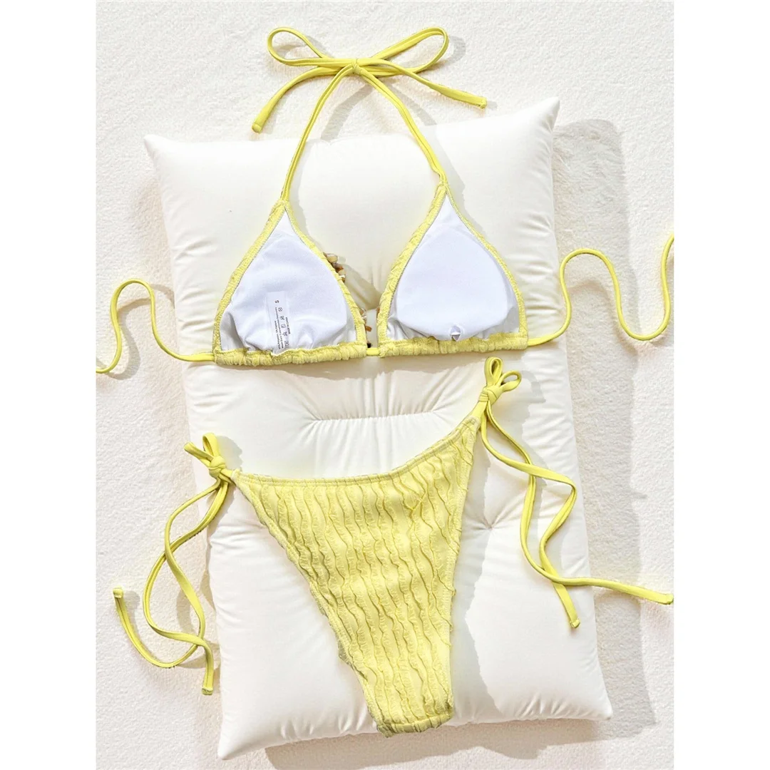 2026 Gekräuselter Neckholder-Bikini Damen-Badeanzug zweiteiliger Bikini-Set mit Trägern Badeanzug Schwimmanzug V8057 – Detail 5