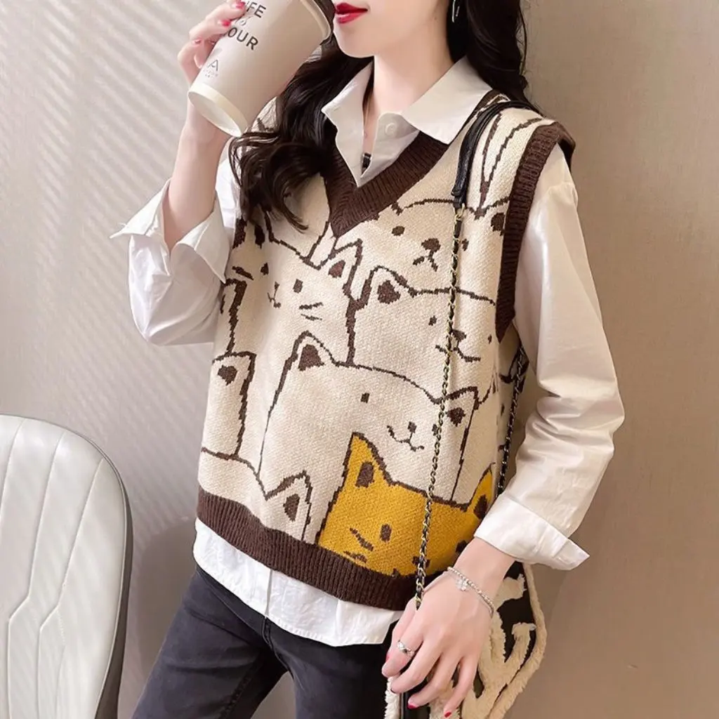 

Girls' Japanese Style V-Neck Knitted Vest Sleeveless Trendy Retro Inner Layering Sweater Autumn Outerwear