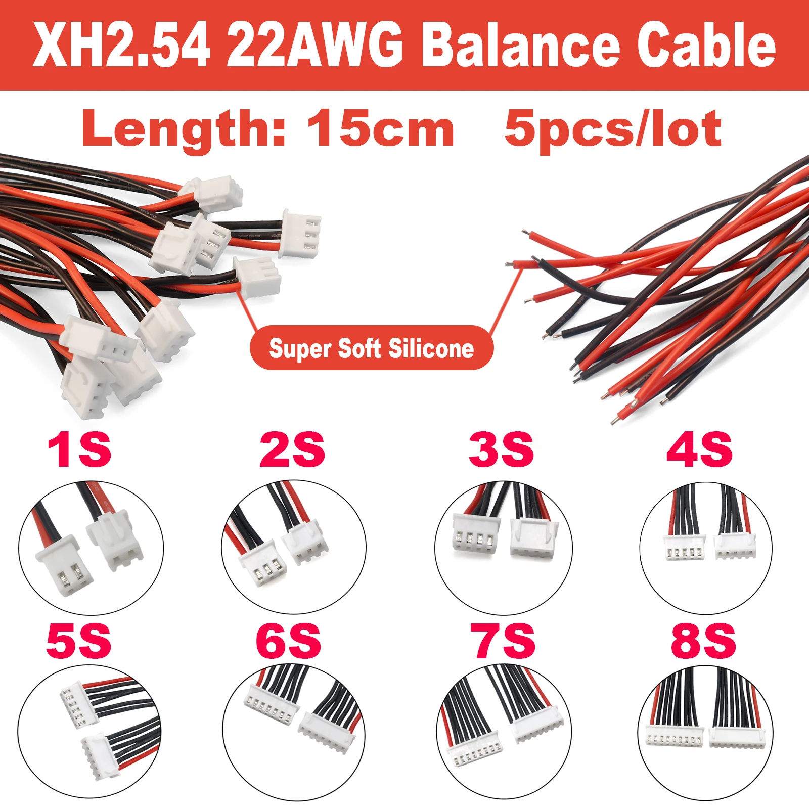 5pcs/lot 1S 2S 3S 4S 5S 6S 7S 8S LiPo Balance Charger Cable JST-XH 22AWG 15cm Silicone Wire Super Soft for IMAX B6 RC Drone FPV