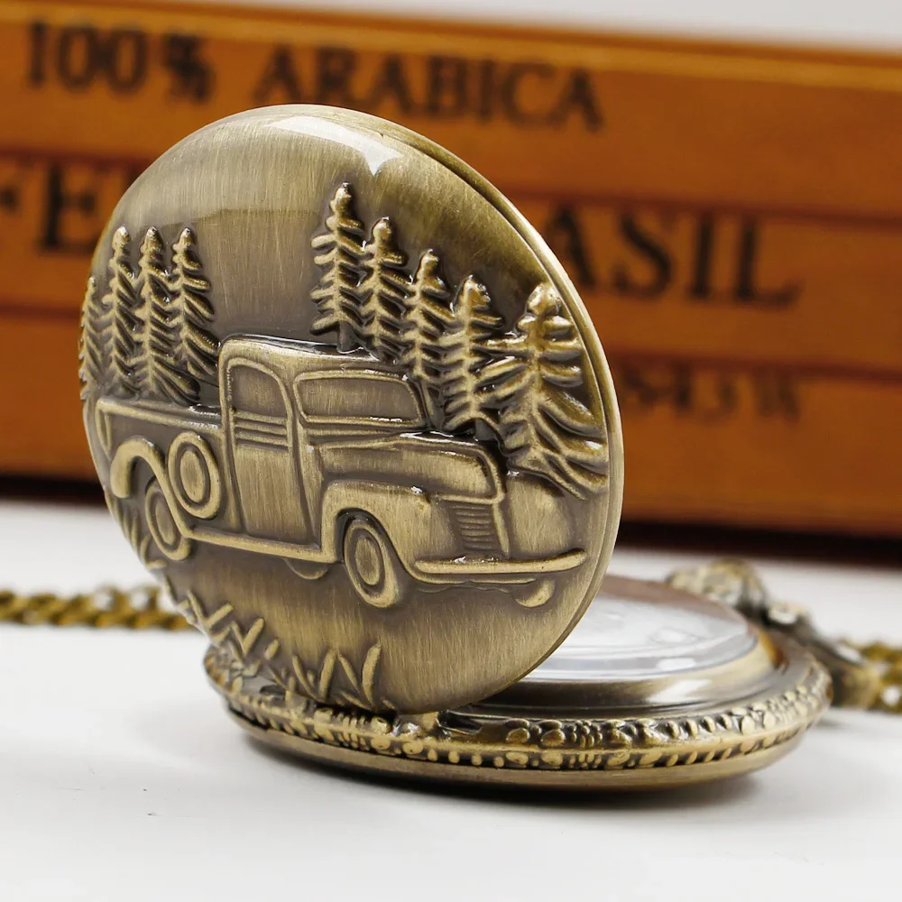 Vintage Bronze Quartz Steampunk Watch 3D Car Truck Pattern Pocket Watch Men FOB Chain Necklace Pendant Clock Gifts