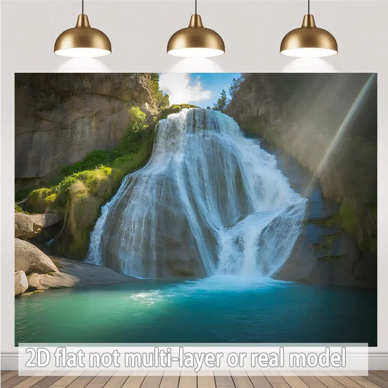 2D Flat, pancarta plana 2D 1 pieza, una cascada ancha en cascada hacia abajo una cara de acantilado rocoso en una piscina turquesa transparente., para eventos,