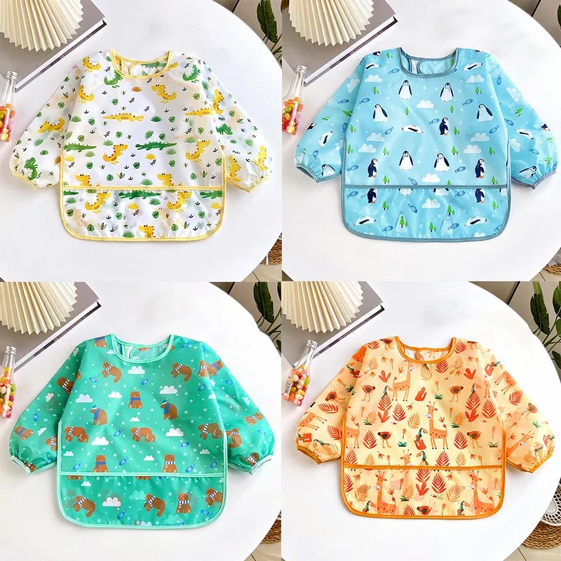 

Baby Bibs Cute Colorful Cartoon Waterproof Bib Infant Eating Children Drawing Long Sleeve Apron Self Feeding Baby 0-3 Years