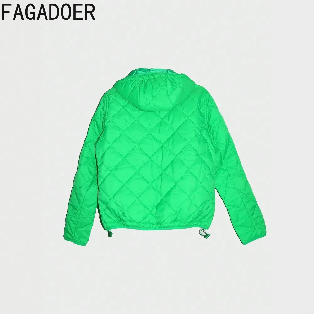 FAGADOER Autumn New Fashion Drawstring Patchwork Coat Jacket for Women Green Zip Long Sleeve Hooded Crop Top Female Streetwear