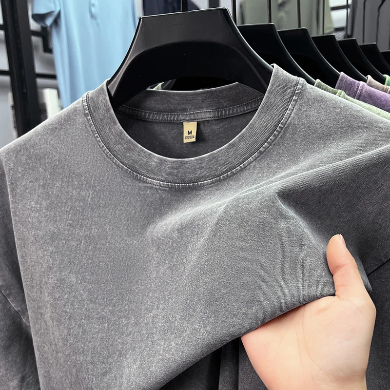 شخصية غسلها خمر تي شيرتات قصيرة الاكمام الراقية 100% القطن الخالص الرجال موضة الجولة الرقبة الراحة خفيفة الوزن رداء علوي غير رسمي