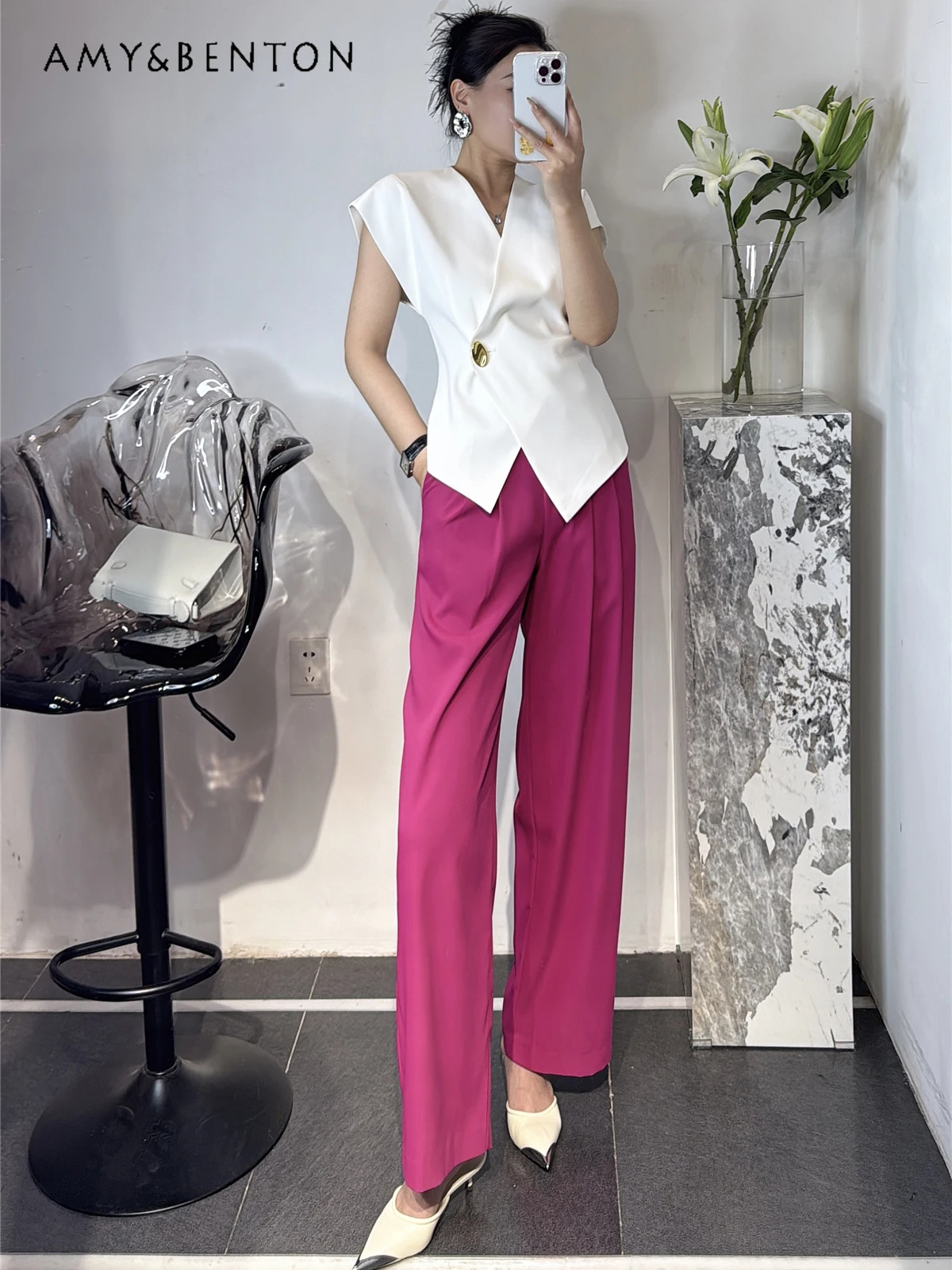 

Fashion Commuter Business Suit Summer New Contrast Color Sleeveless Vest Wide Leg Pants Graceful 2 Piece Sets Womens Outfits