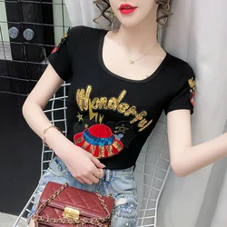 #7110 Black Green Women's T-shirt With Sequins Summer Sexy Tee Shirt Femme Tight Short Sleeve T-shirts Elastic Cotton Summer Top