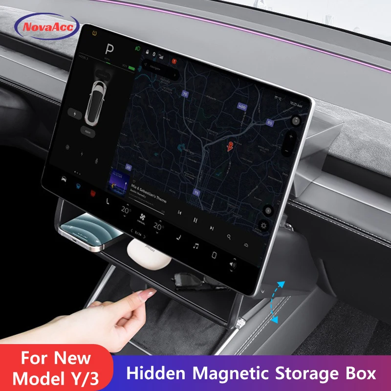 

Hidden Magnetic Opening Storage Box For Tesla Model Y Juniper 2025 Model 3 Highland 2024 2025 Silicone Center Console Organizer