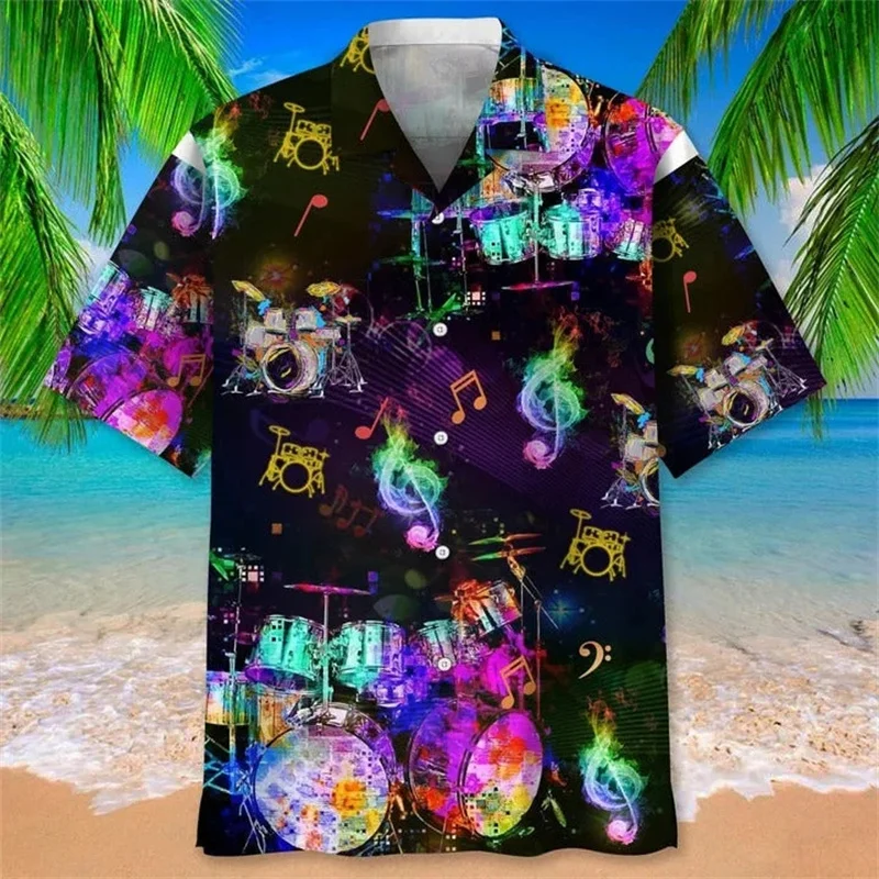 Music Guitar Pattern Hawaiian Shirt For Men Instrument 3D Print Blouse Casual Button Lapel Tops Loose Aloha Shirts Short Sleeves