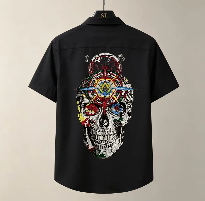 Men's Rhinestone Formal Short-Sleeve Shirt  High-Definition top quality Shirt Breathable  Men's Clothing summer