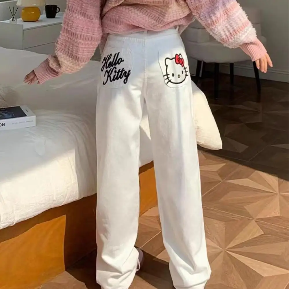 Hello Kitty Y2K Jeans Sanrioed Anime Kawaii primavera pantalones de cintura alta mujeres estilo japonés bordado aspecto fino estudiante suelto
