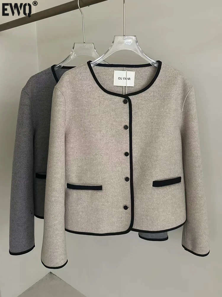 [EWQ] Minimally women's jacket with long sleeves and single breasted design Outerwear Woolen Mantel woolen coats 2024 autumn