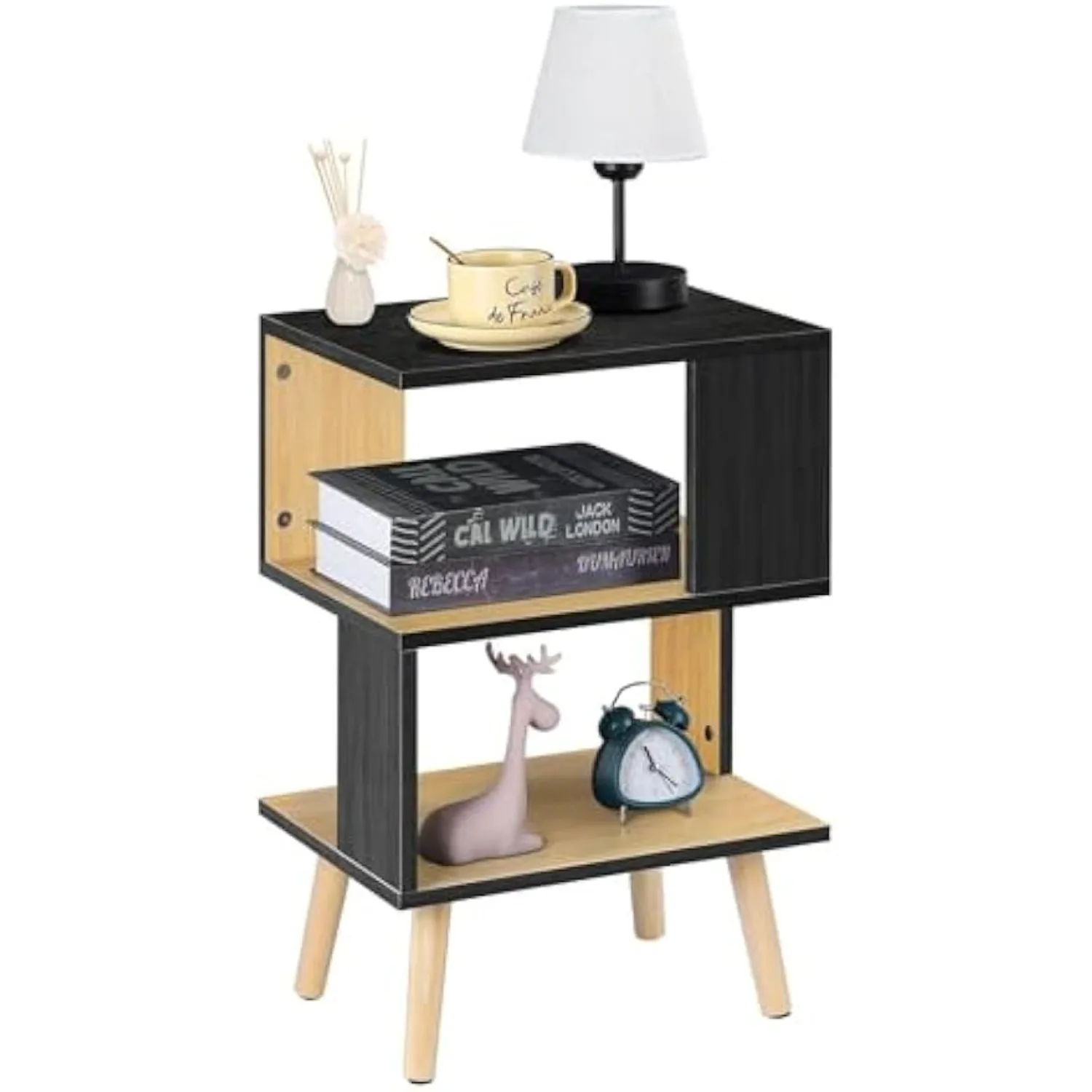 Space-Saving 3-Tier Wood Side/Table | Modern Open Storage | Black/Grey End Table for Living & Bedroom